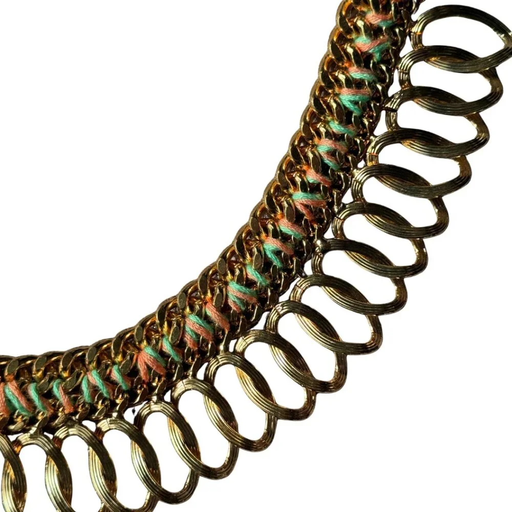 Vintage ALDO Gold-Tone Interlocking Ring Fringe Statement Bib Necklace - Picture 6 of 8